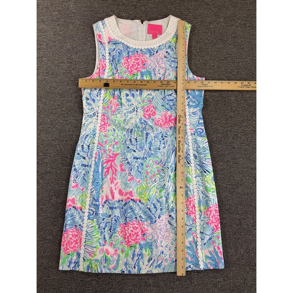 Lilly Pulitzer Dress Womens 12 Blue Pink Tropical Mila Shift Eyelet Trim - Picture 4 of 9